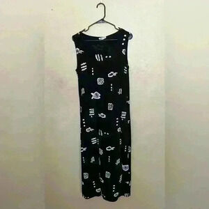 90’s Vintage Womens Black White Fish Print Beach Sleeveless Maxi Dress